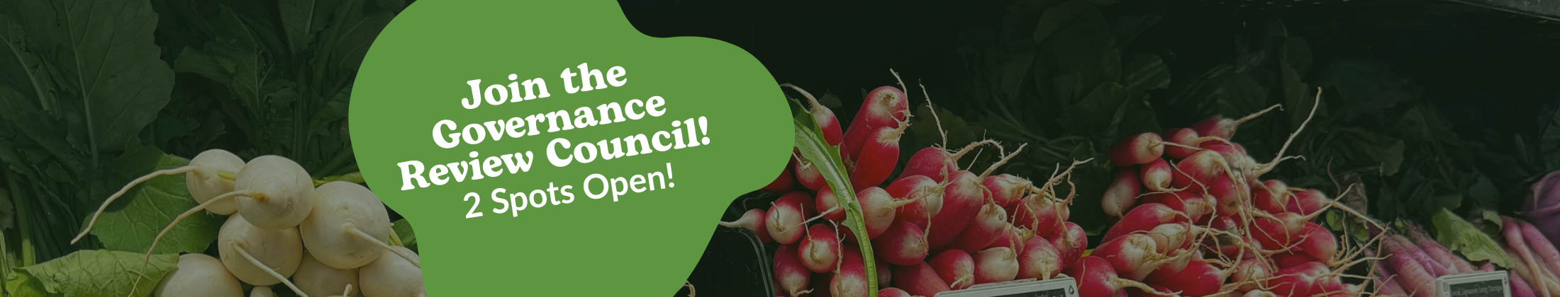 Photo of root vegetables with a call to action to join the Governance Review Council.